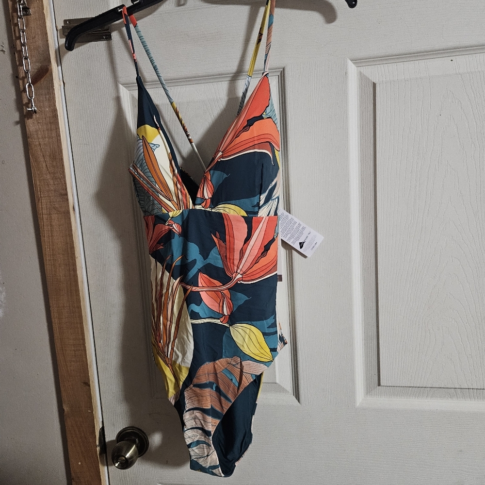CALIA Swim Triangle Strappy Back One Piece: BOTANICAL PRINT SEA GREEN: NWT:SZ 16